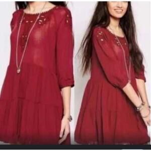 Free People Take Time‎ Tiered Scarlet Tunic Dress Women's M Boho Cut Out Detail